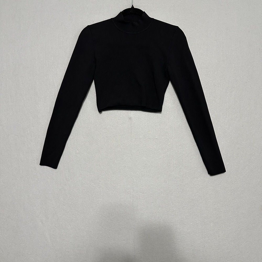 Babaton Black Mock Neck Ribbed Long Sleeve Crop Top Small
